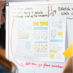 Cabotto strategy and ideation process with UX wireframe sketches on a whiteboard for product design planning