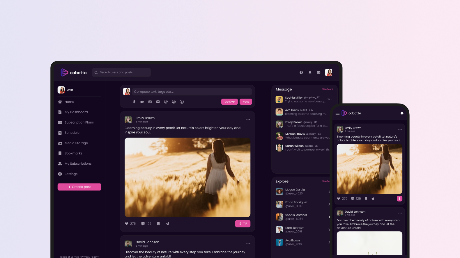 Cabotto social creator platform interface on desktop and mobile, showing posts, engagement features, messaging, and subscription menus