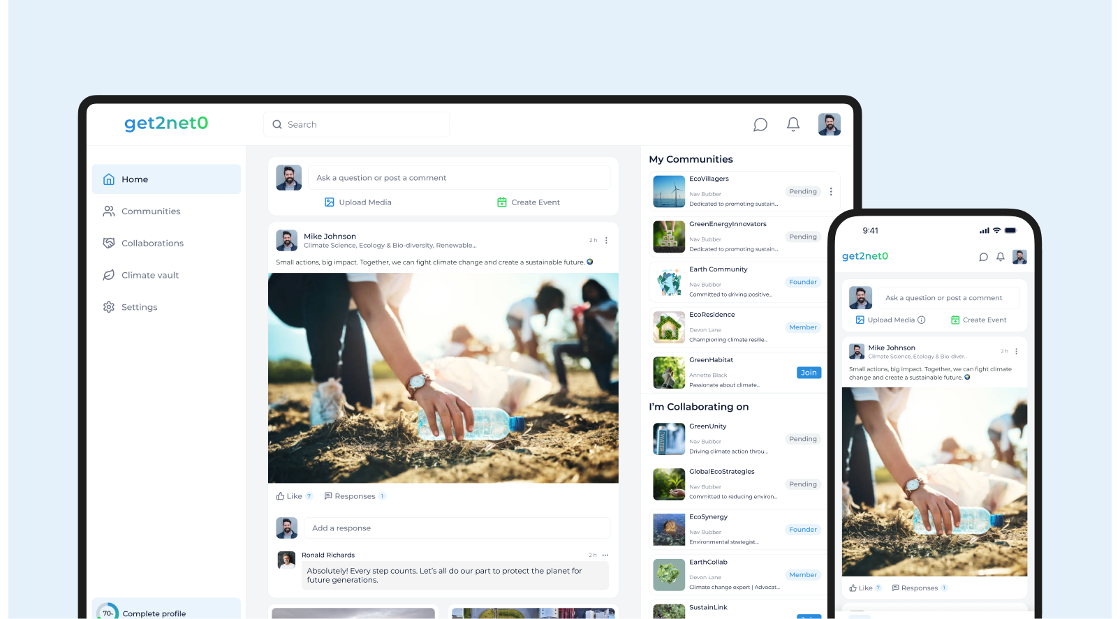 Get2Net0 sustainability platform interface on desktop and mobile, showing community posts, collaborations, and climate action groups