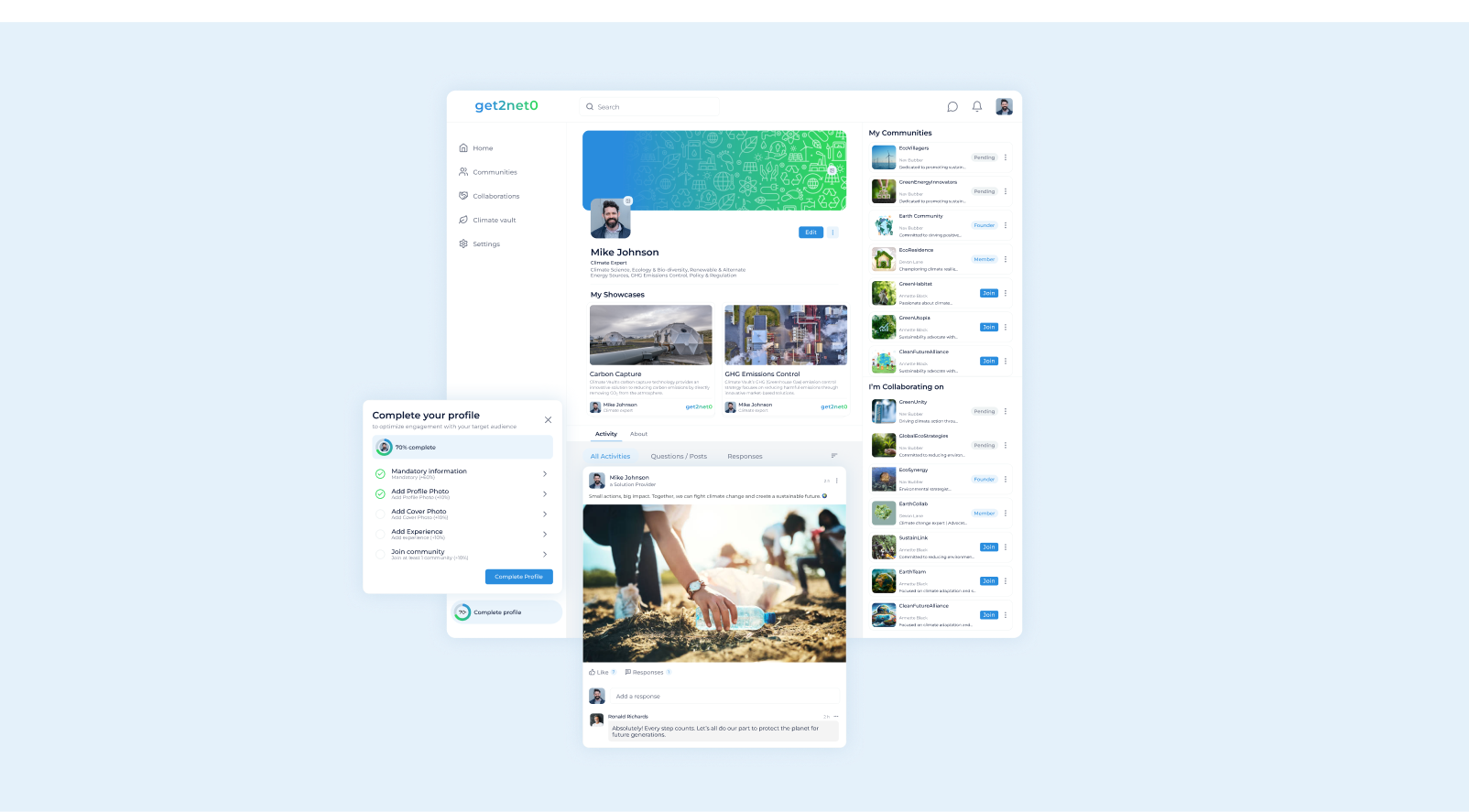Get2Net0 user profile page showing showcases, community memberships, activity feed, and profile completion checklist for sustainability engagement