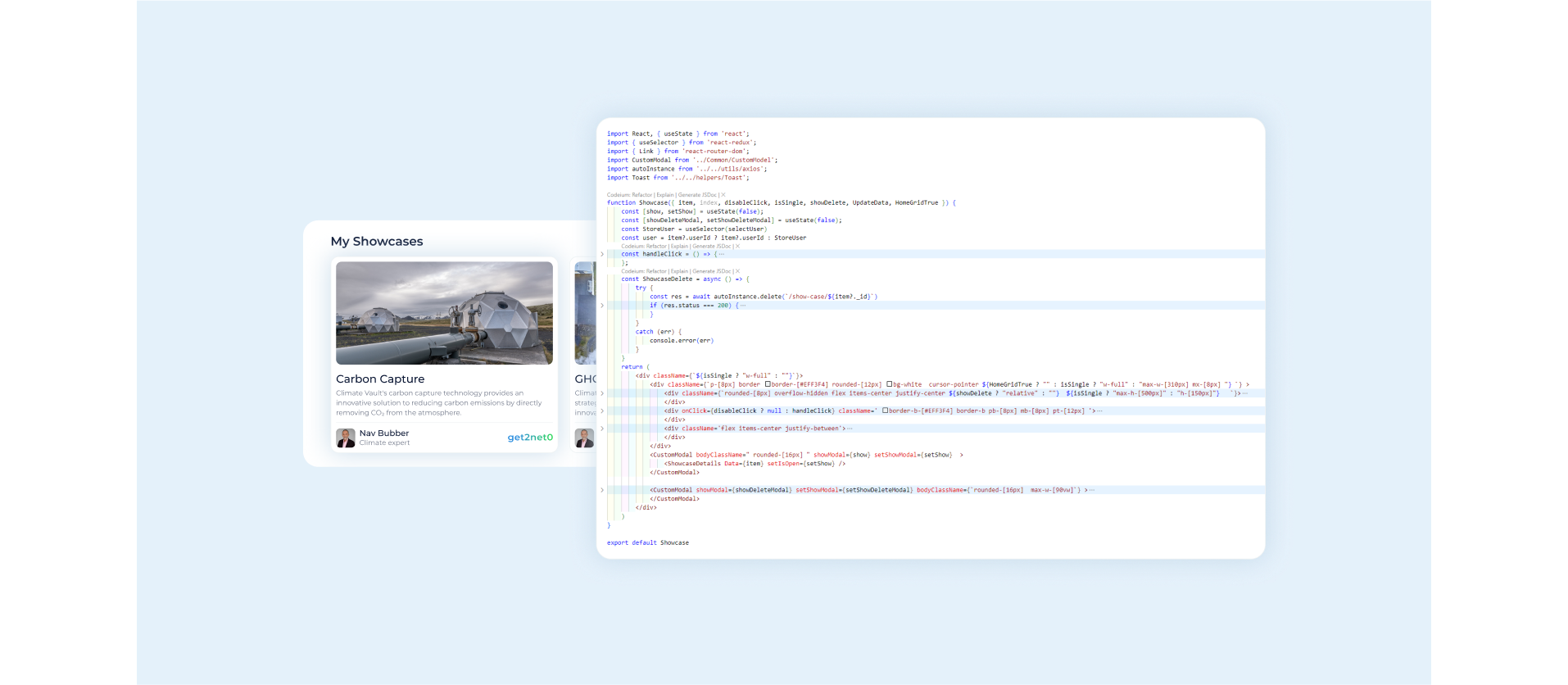 Get2Net0 platform development view showing code alongside Carbon Capture showcase card for climate innovation and sustainability solutions
