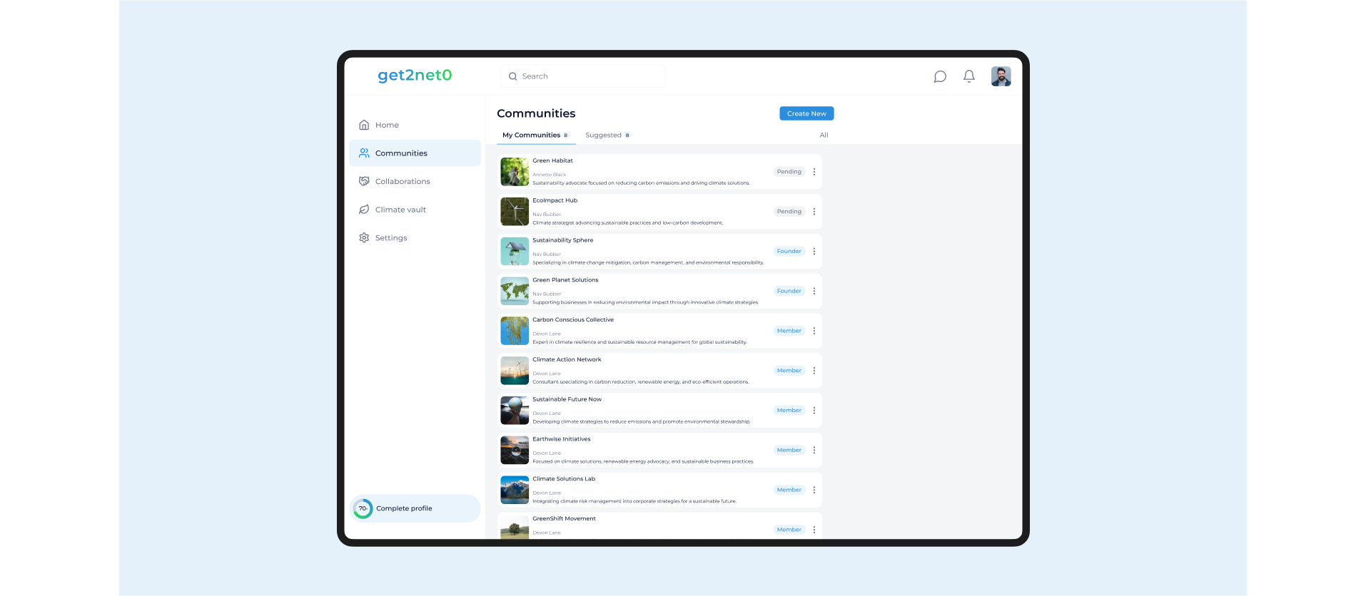 Get2Net0 showcase communities page displaying sustainability groups for collaboration, membership, and climate action initiatives