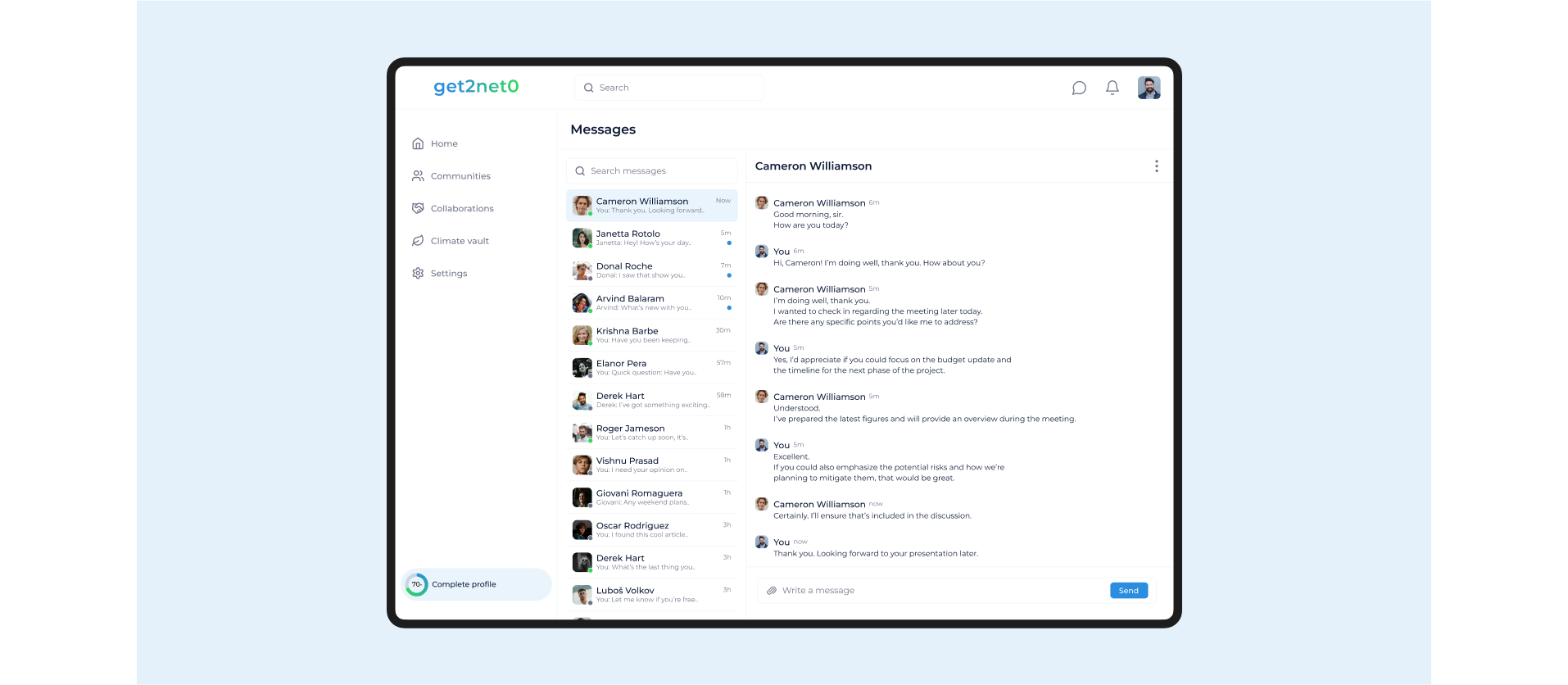 Get2Net0 messages interface showing community member conversations and direct chats for collaboration and sustainability discussions