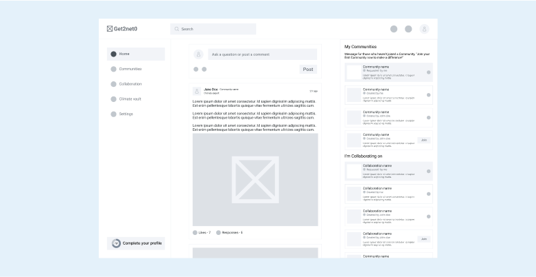 Get2Net0 digital product experience wireframe showing early platform design with placeholders for posts, communities, and collaborations