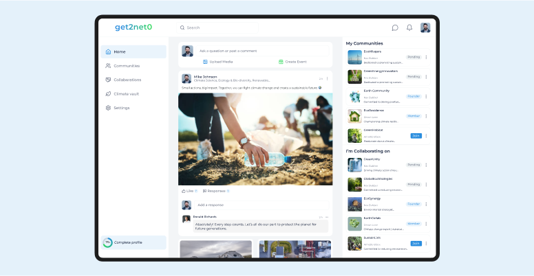 Get2Net0 digital product experience final interface showing sustainability community posts, collaborations, and member engagement features