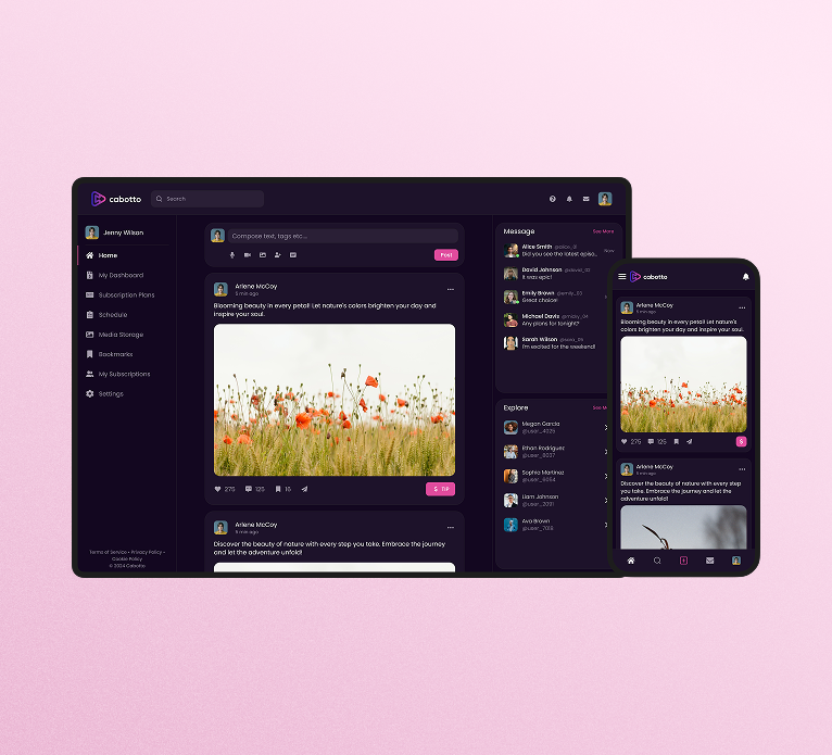 Cabotto social creator platform UI displayed on desktop and mobile, featuring community posts, messaging, and media sharing