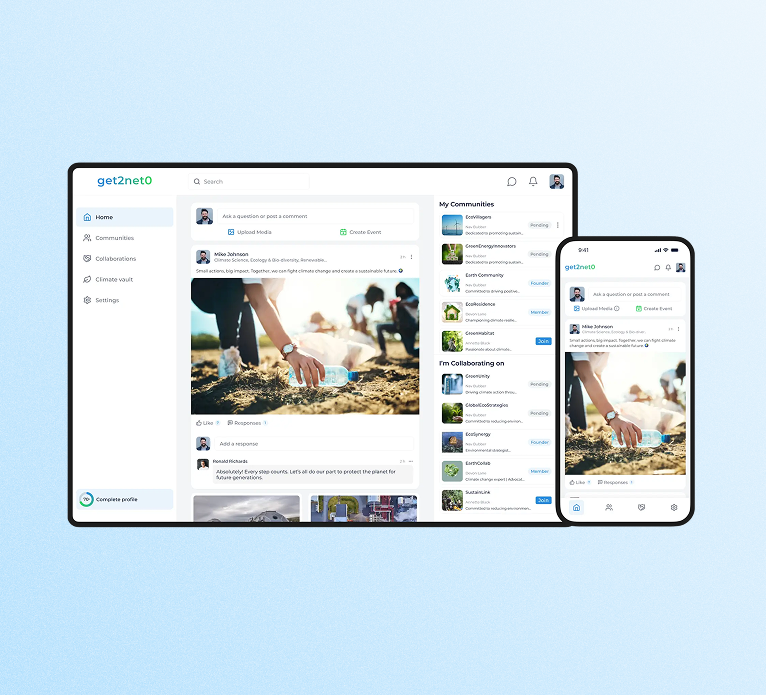 Get2net0 social and environmental platform UI on desktop and mobile, highlighting community updates, collaboration, and sustainability actions